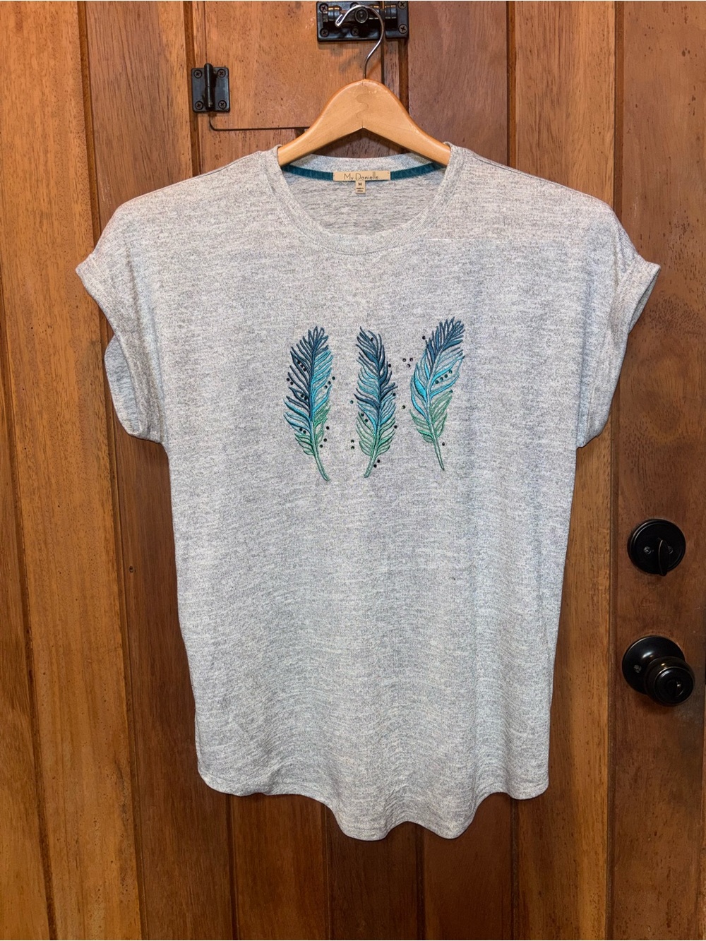 Light Gray Heather Top with Teal & Blue Peacock 🦚 Feather Print